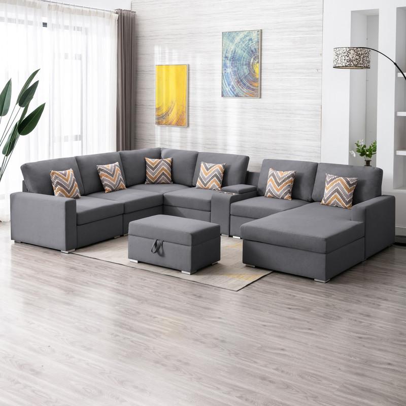 Nolan Gray Linen Fabric 8Pc Reversible Chaise Sectional Sofa with Interchangeable Legs, Pillows, Storage Ottoman, and a USB, Charging Ports, Cupholders and Storage Console Table. Picture 2