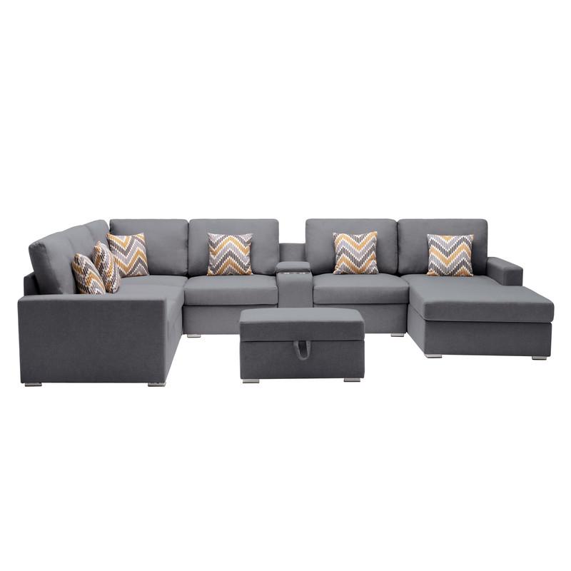 Nolan Gray Linen Fabric 8Pc Reversible Chaise Sectional Sofa with Interchangeable Legs, Pillows, Storage Ottoman, and a USB, Charging Ports, Cupholders and Storage Console Table. Picture 3