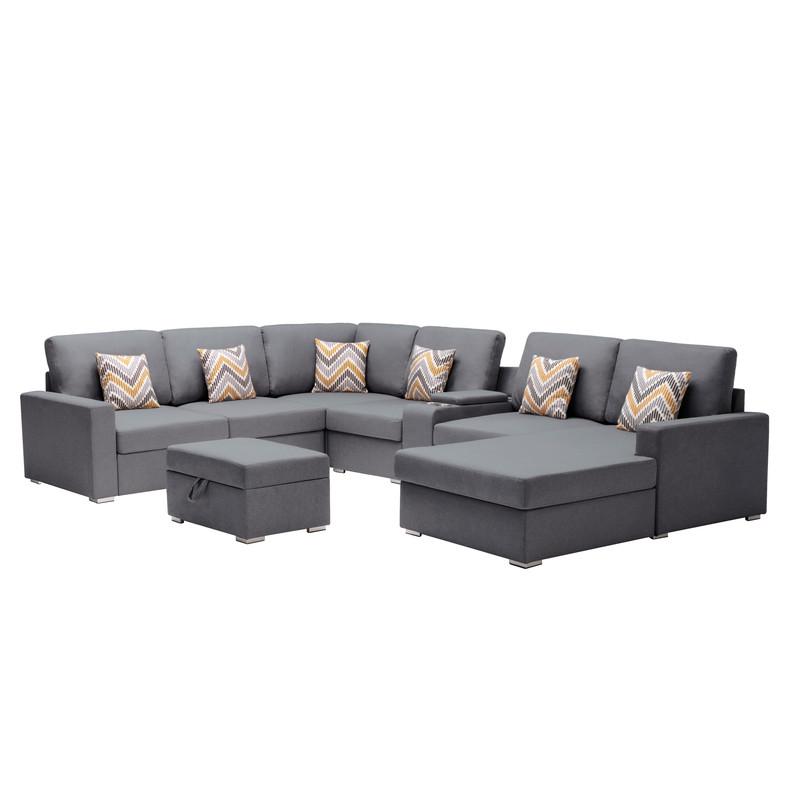 Nolan Gray Linen Fabric 8Pc Reversible Chaise Sectional Sofa with Interchangeable Legs, Pillows, Storage Ottoman, and a USB, Charging Ports, Cupholders and Storage Console Table. Picture 1