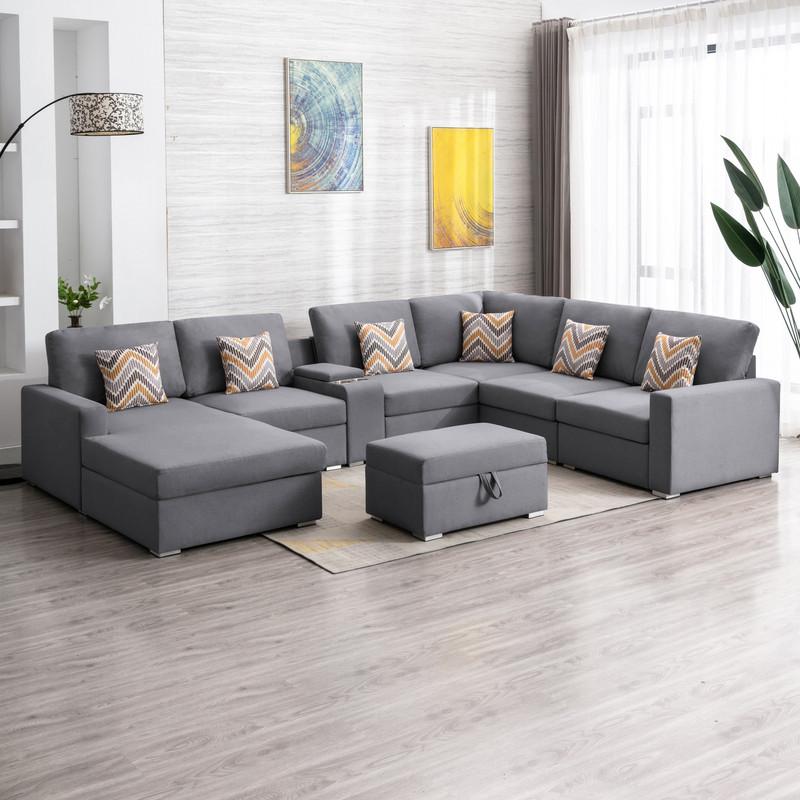 Nolan Gray Linen Fabric 8 Pc Reversible Chaise Sectional Sofa with Interchangeable Legs, Pillows, Storage Ottoman, and a USB, Charging Ports, Cupholders, Storage Console Table. Picture 2