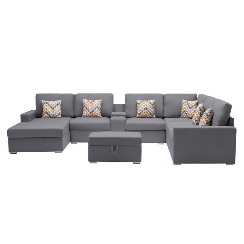 Nolan Gray Linen Fabric 8 Pc Reversible Chaise Sectional Sofa with Interchangeable Legs, Pillows, Storage Ottoman, and a USB, Charging Ports, Cupholders, Storage Console Table. Picture 3