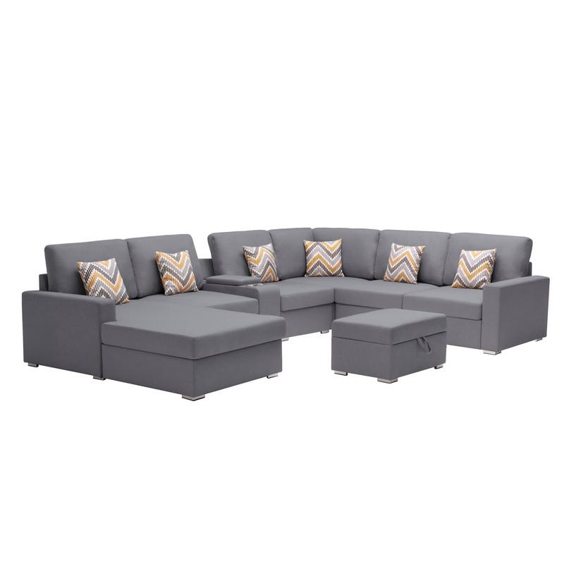 Nolan Gray Linen Fabric 8 Pc Reversible Chaise Sectional Sofa with Interchangeable Legs, Pillows, Storage Ottoman, and a USB, Charging Ports, Cupholders, Storage Console Table. The main picture.