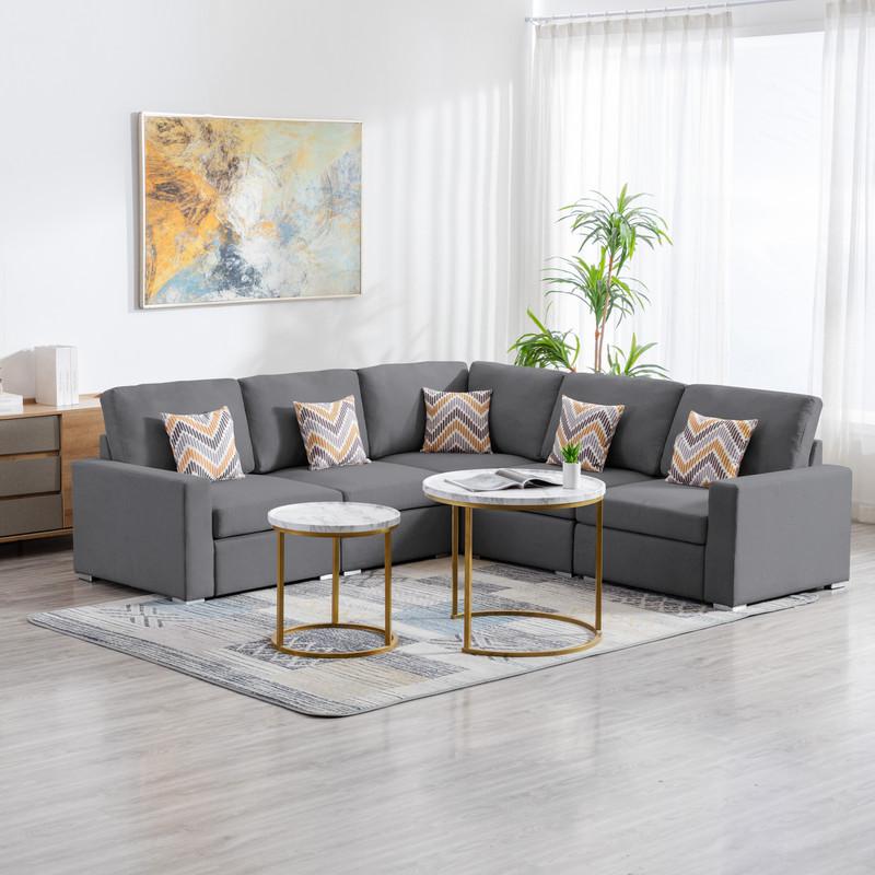Nolan Gray Linen Fabric 5Pc Reversible Sectional Sofa with Pillows and Interchangeable Legs. Picture 2