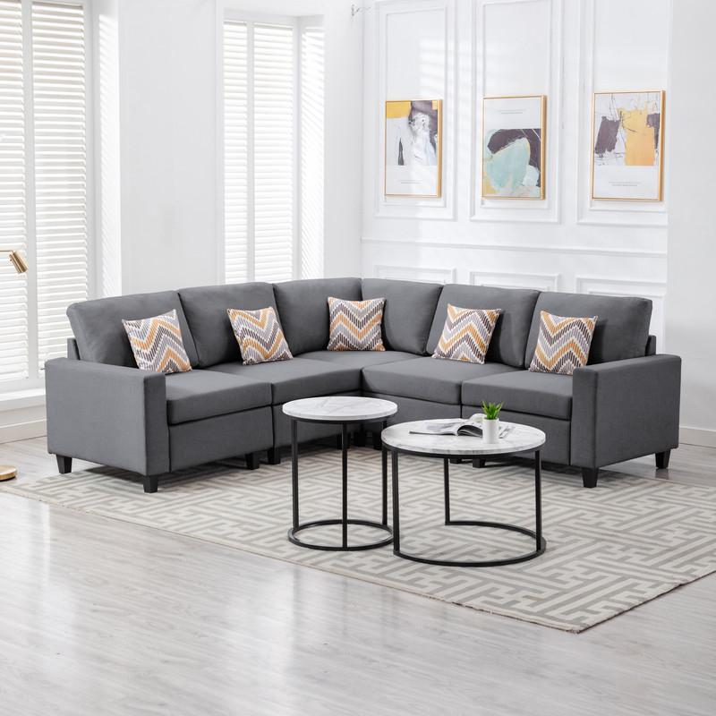 Nolan Gray Linen Fabric 5Pc Reversible Sectional Sofa with Pillows and Interchangeable Legs. Picture 4