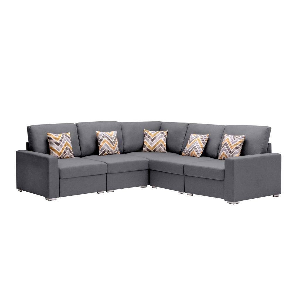 Nolan Gray Linen Fabric 5Pc Reversible Sectional Sofa with Pillows and Interchangeable Legs. Picture 1