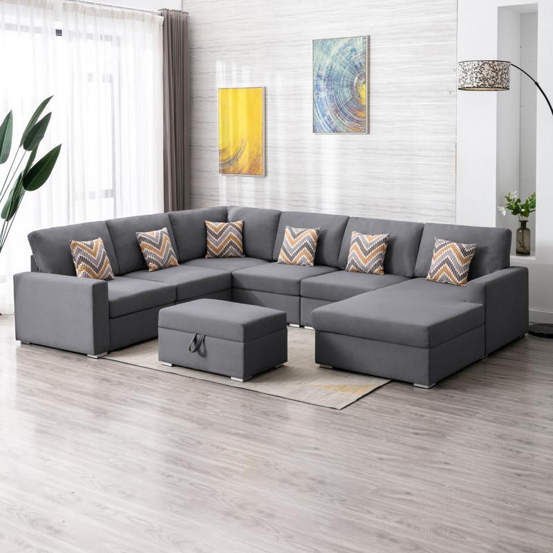Nolan Gray Linen Fabric 7Pc Reversible Chaise Sectional Sofa with Interchangeable Legs, Pillows and Storage Ottoman. Picture 4