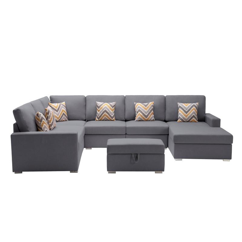 Nolan Gray Linen Fabric 7Pc Reversible Chaise Sectional Sofa with Interchangeable Legs, Pillows and Storage Ottoman. Picture 2