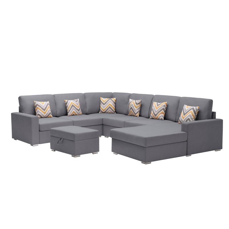 Nolan Gray Linen Fabric 7Pc Reversible Chaise Sectional Sofa with Interchangeable Legs, Pillows and Storage Ottoman. Picture 1