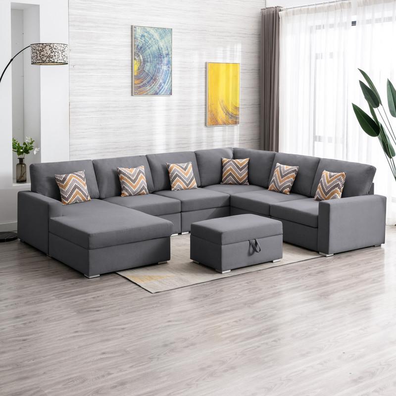 Nolan Gray Linen Fabric 7 Pc Reversible Chaise Sectional Sofa with Interchangeable Legs, Pillows and Storage Ottoman. Picture 4