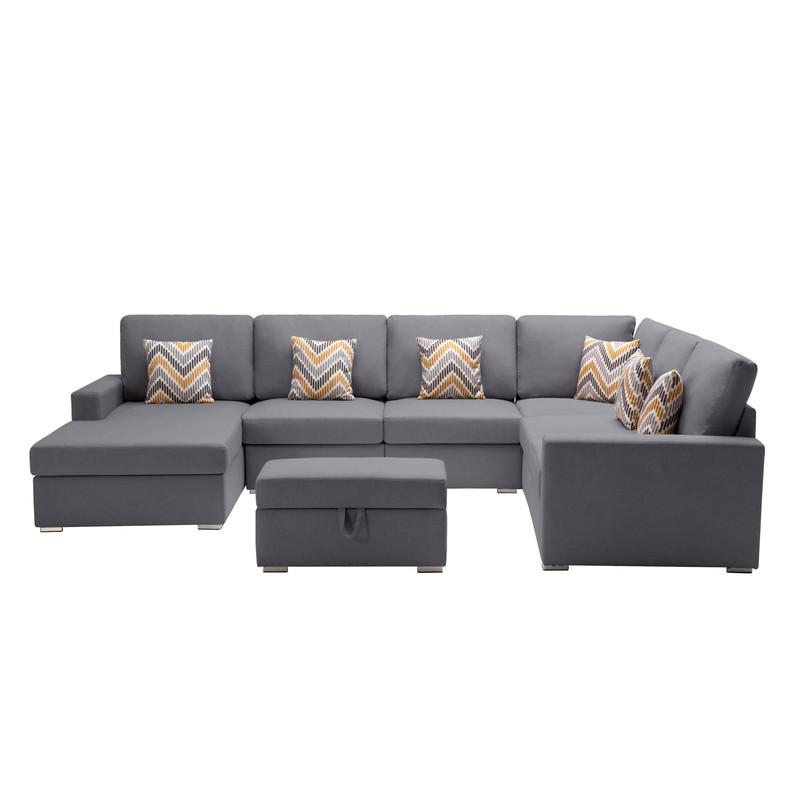 Nolan Gray Linen Fabric 7 Pc Reversible Chaise Sectional Sofa with Interchangeable Legs, Pillows and Storage Ottoman. Picture 2