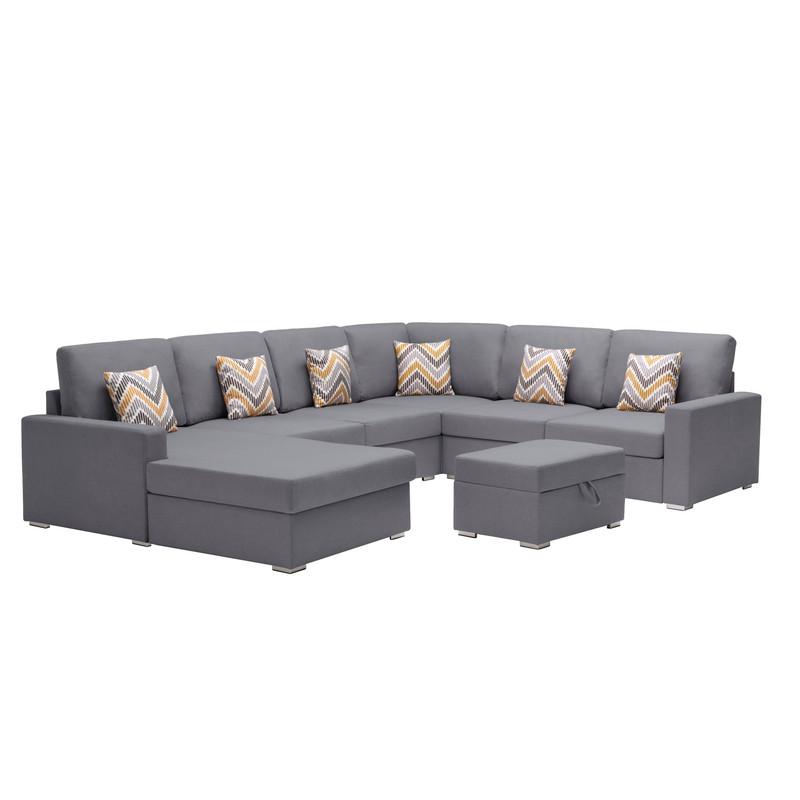 Nolan Gray Linen Fabric 7 Pc Reversible Chaise Sectional Sofa with Interchangeable Legs, Pillows and Storage Ottoman. Picture 1