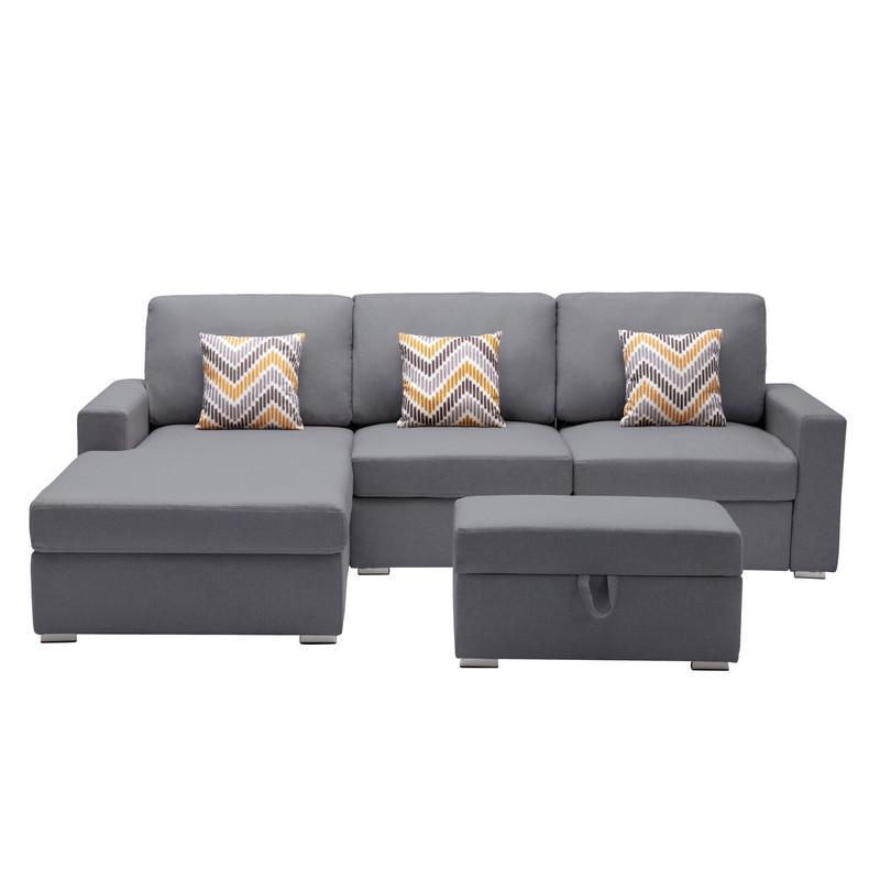 Nolan Gray Linen Fabric 4Pc Reversible Sofa Chaise with Interchangeable Legs, Storage Ottoman, and Pillows. Picture 3