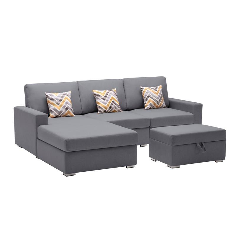 Nolan Gray Linen Fabric 4Pc Reversible Sofa Chaise with Interchangeable Legs, Storage Ottoman, and Pillows. The main picture.