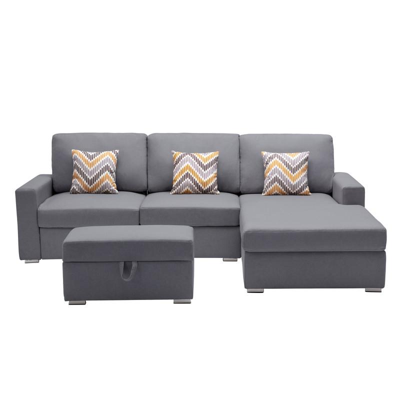 Nolan Gray Linen Fabric 4 Pc Reversible Sofa Chaise with Interchangeable Legs, Storage Ottoman, and Pillows. Picture 2