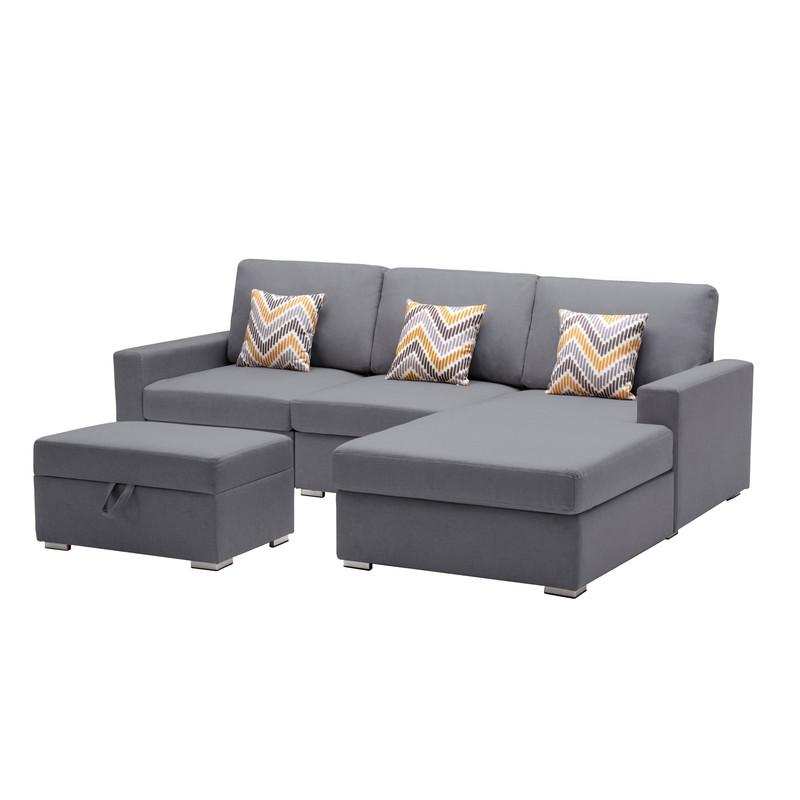 Nolan Gray Linen Fabric 4 Pc Reversible Sofa Chaise with Interchangeable Legs, Storage Ottoman, and Pillows. Picture 1