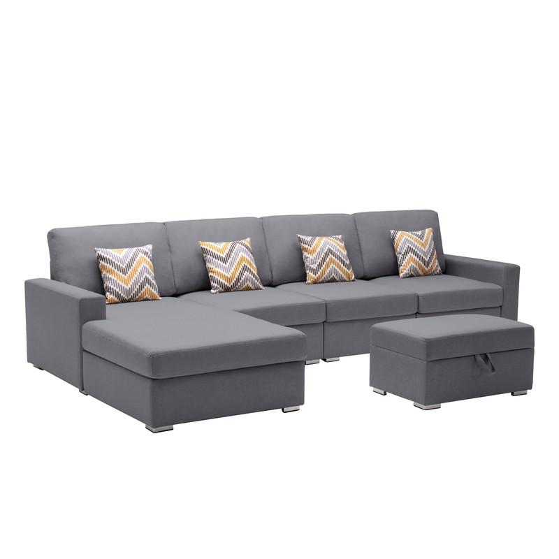Nolan Gray Linen Fabric 5Pc Reversible Sofa Chaise with Interchangeable Legs, Storage Ottoman, and Pillows. Picture 1