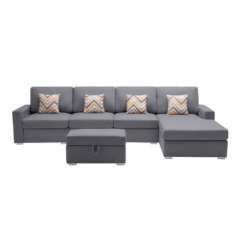 Nolan Gray Linen Fabric 5 Pc Reversible Sofa Chaise with Interchangeable Legs, Storage Ottoman, and Pillows. Picture 3
