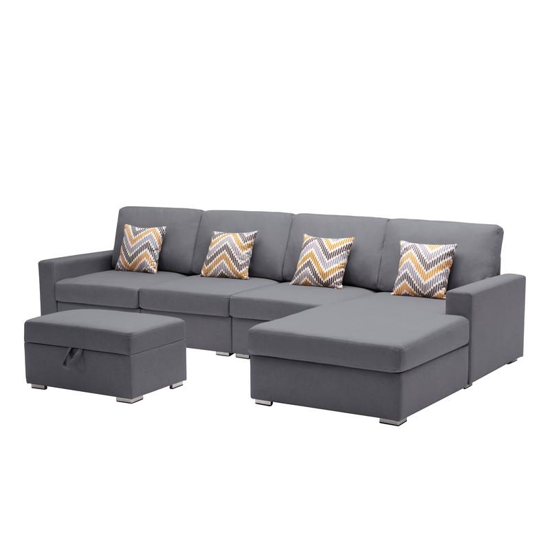 Nolan Gray Linen Fabric 5 Pc Reversible Sofa Chaise with Interchangeable Legs, Storage Ottoman, and Pillows. Picture 1