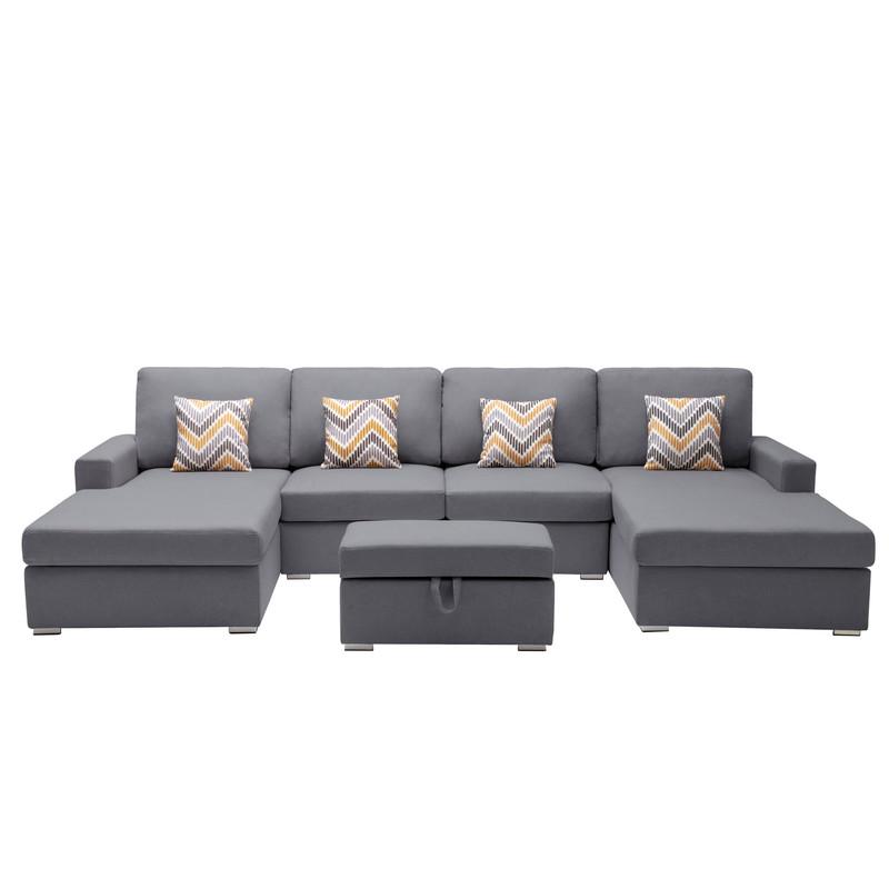 Nolan Gray Linen Fabric 5Pc Double Chaise Sectional Sofa with Interchangeable Legs, Storage Ottoman, and Pillows. Picture 3