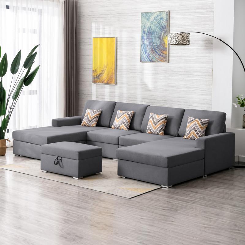 Nolan Gray Linen Fabric 5Pc Double Chaise Sectional Sofa with Interchangeable Legs, Storage Ottoman, and Pillows. Picture 2