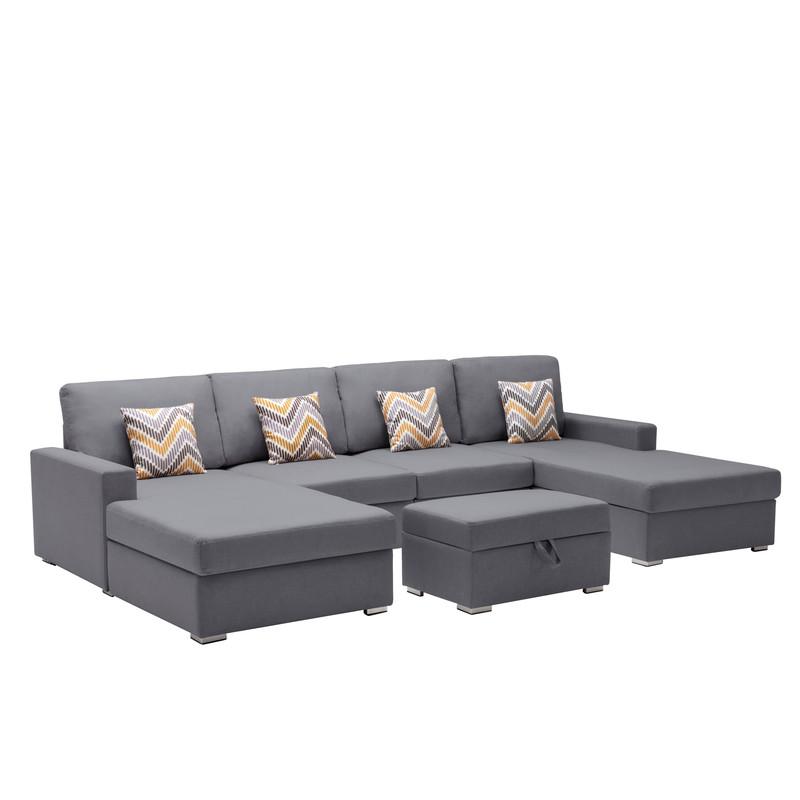 Nolan Gray Linen Fabric 5Pc Double Chaise Sectional Sofa with Interchangeable Legs, Storage Ottoman, and Pillows. Picture 1