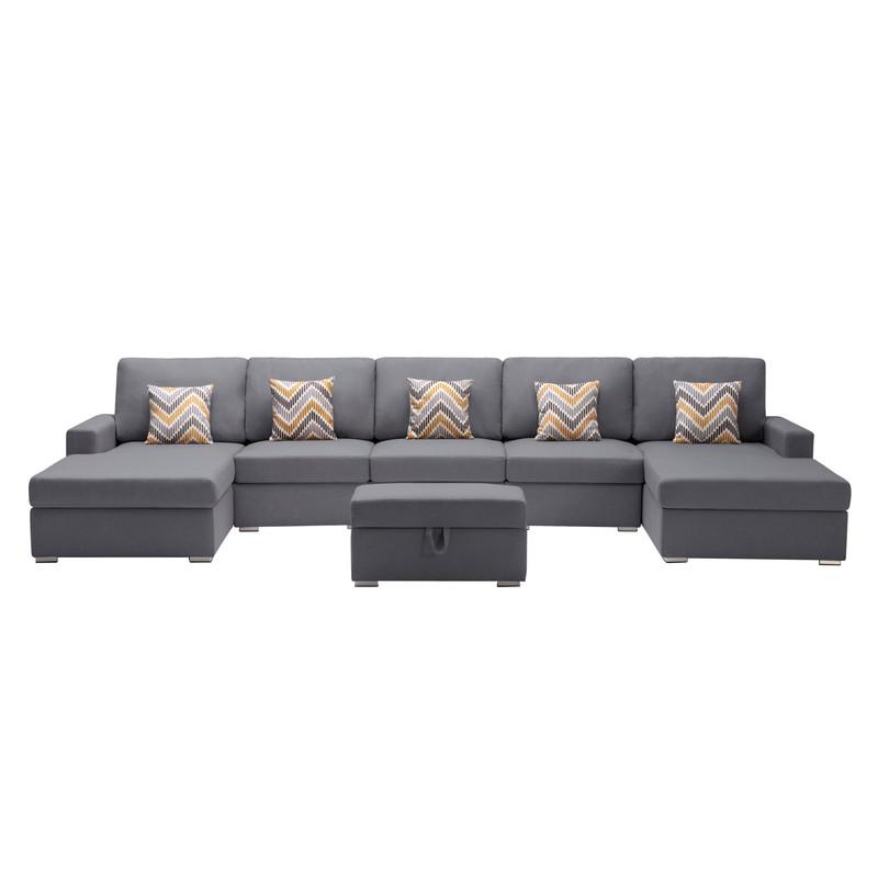 Nolan Gray Linen Fabric 6Pc Double Chaise Sectional Sofa with Interchangeable Legs, Storage Ottoman, and Pillows. Picture 3