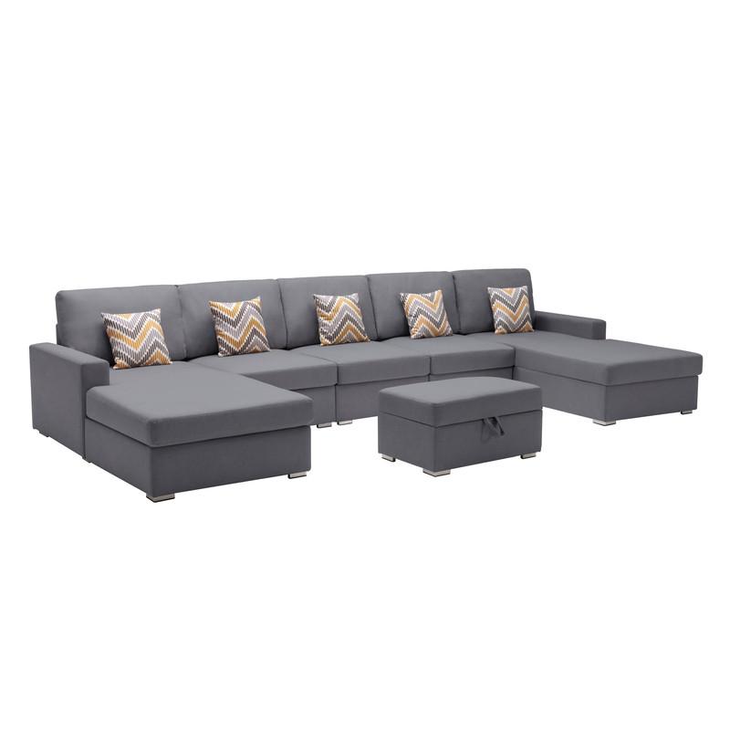 Nolan Gray Linen Fabric 6Pc Double Chaise Sectional Sofa with Interchangeable Legs, Storage Ottoman, and Pillows. The main picture.