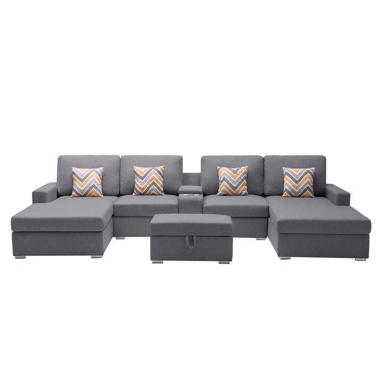 Nolan Gray Linen Fabric 6Pc Double Chaise Sectional Sofa with Interchangeable Legs, Storage Ottoman, Pillows, and a USB, Charging Ports, Cupholders, Storage Console Table. Picture 3