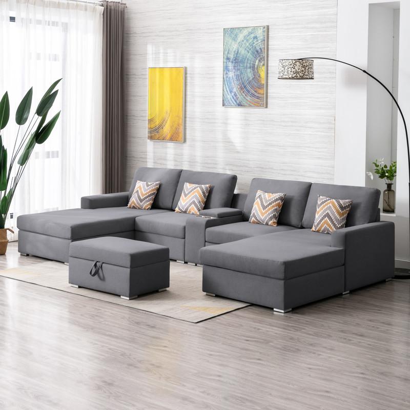 Nolan Gray Linen Fabric 6Pc Double Chaise Sectional Sofa with Interchangeable Legs, Storage Ottoman, Pillows, and a USB, Charging Ports, Cupholders, Storage Console Table. Picture 2