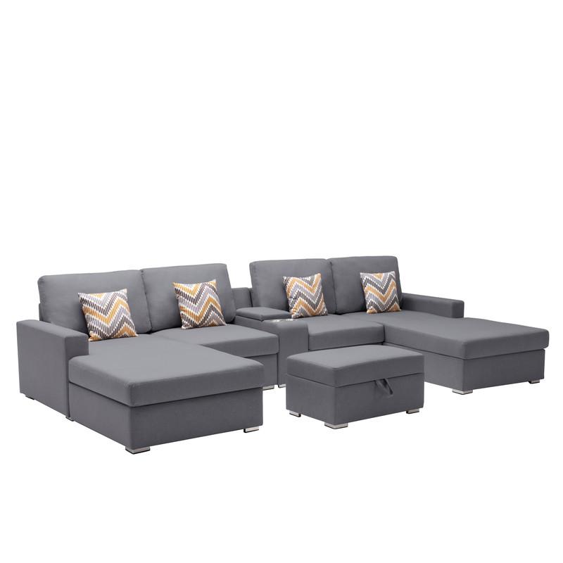 Nolan Gray Linen Fabric 6Pc Double Chaise Sectional Sofa with Interchangeable Legs, Storage Ottoman, Pillows, and a USB, Charging Ports, Cupholders, Storage Console Table. Picture 1