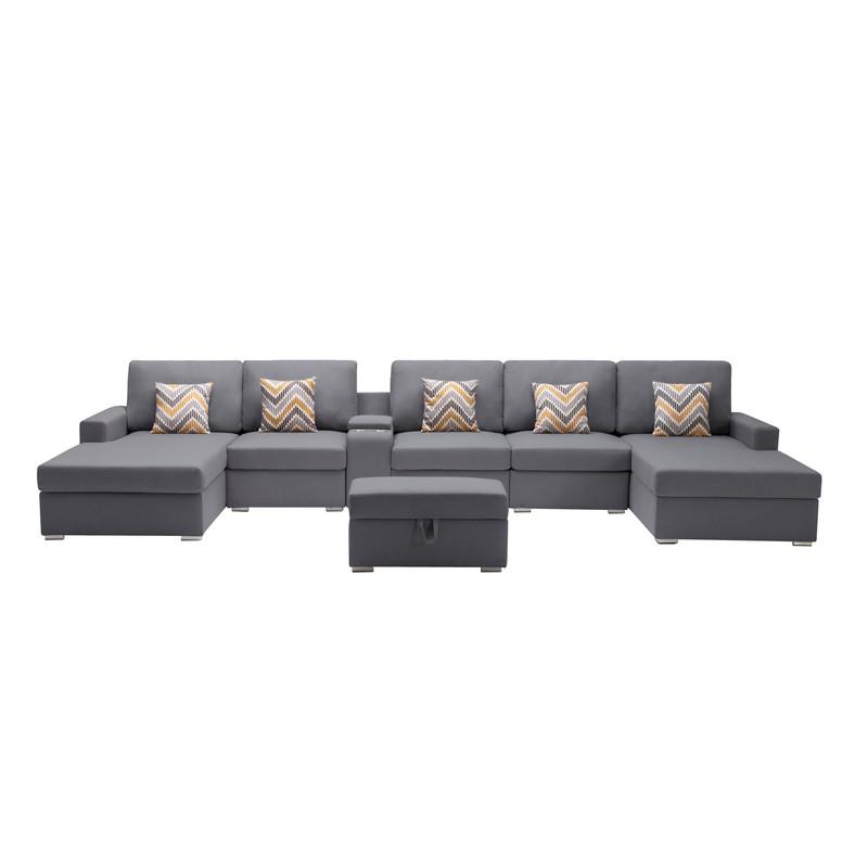 Nolan Gray-Linen Fabric 7Pc Double Chaise Sectional Sofa with Interchangeable Legs, Storage Ottoman, Pillows, and a USB, Charging Ports, Cupholders, Storage Console Table. Picture 3