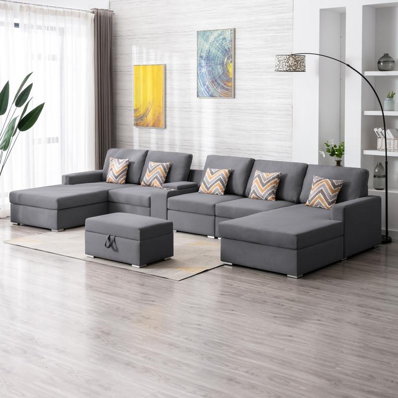 Nolan Gray-Linen Fabric 7Pc Double Chaise Sectional Sofa with Interchangeable Legs, Storage Ottoman, Pillows, and a USB, Charging Ports, Cupholders, Storage Console Table. Picture 4