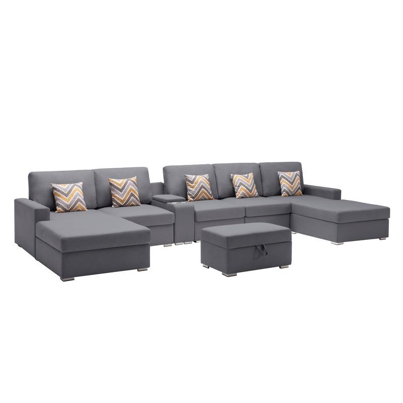 Nolan Gray-Linen Fabric 7Pc Double Chaise Sectional Sofa with Interchangeable Legs, Storage Ottoman, Pillows, and a USB, Charging Ports, Cupholders, Storage Console Table. Picture 1