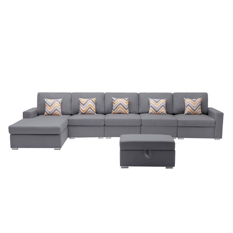 Nolan Gray Linen Fabric 6Pc Reversible Sectional Sofa Chaise with Interchangeable Legs, Pillows and Storage Ottoman. Picture 3