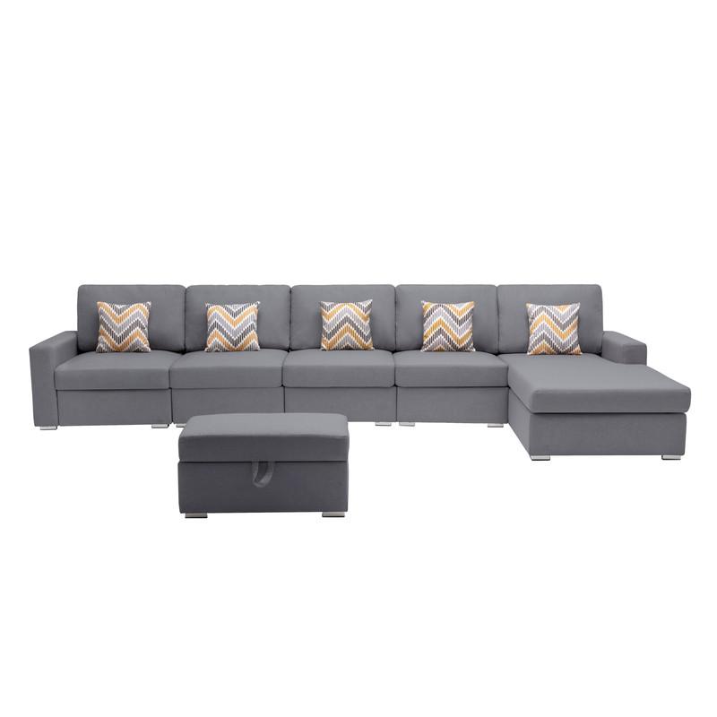 Nolan Gray Linen Fabric 6 Pc Reversible Sectional Sofa Chaise with Interchangeable Legs, Pillows and Storage Ottoman. Picture 3