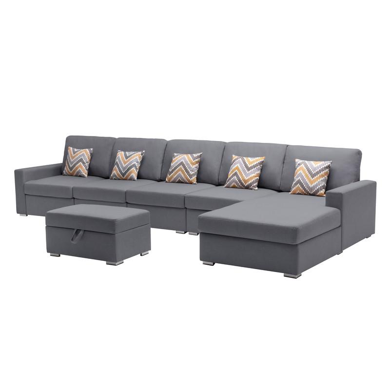 Nolan Gray Linen Fabric 6 Pc Reversible Sectional Sofa Chaise with Interchangeable Legs, Pillows and Storage Ottoman. The main picture.