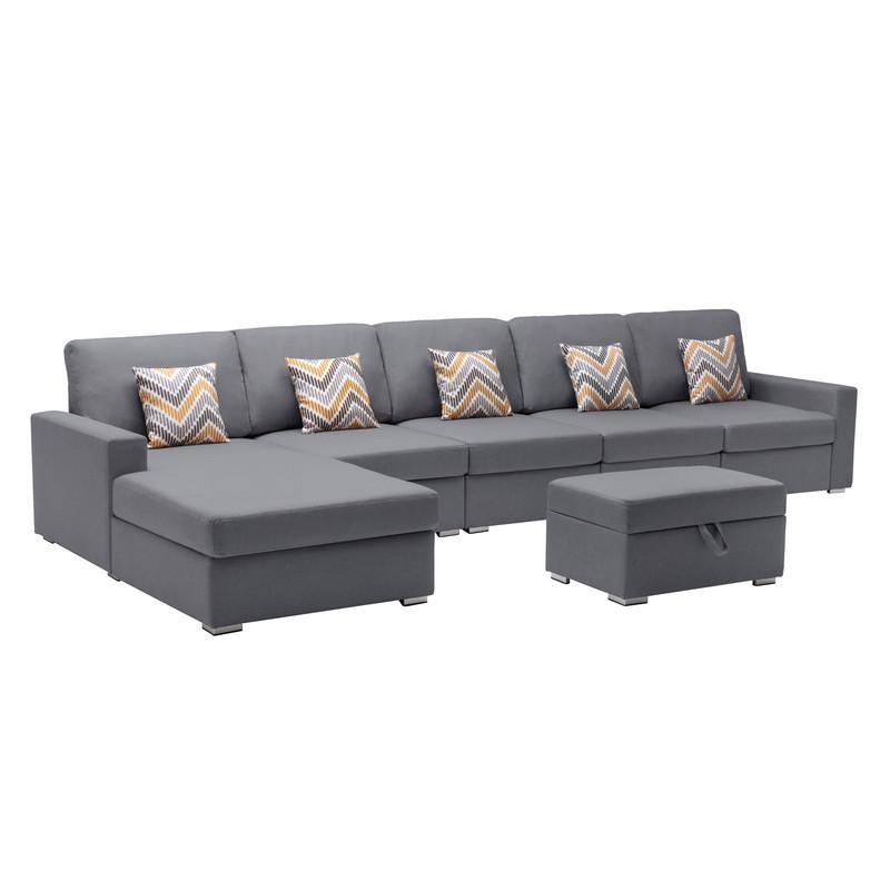 Nolan Gray Linen Fabric 6Pc Reversible Sectional Sofa Chaise with Interchangeable Legs, Pillows and Storage Ottoman. Picture 1