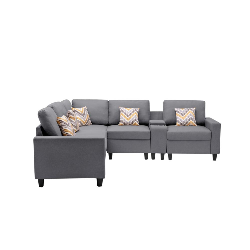 Nolan Gray Linen Fabric 6 Pc Reversible Sectional Sofa with a USB, Charging Ports, Cupholders, Storage Console Table and Pillows and Interchangeable Legs. Picture 6
