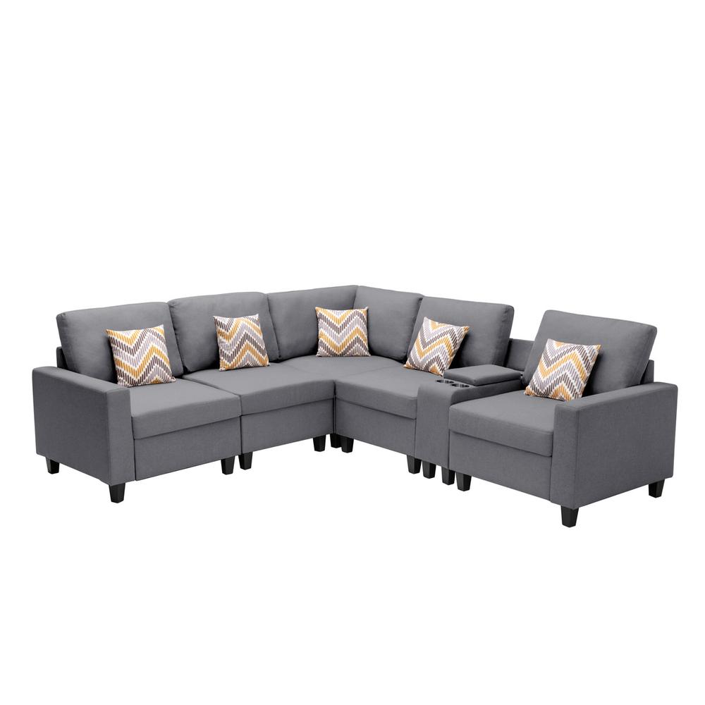 Nolan Gray Linen Fabric 6 Pc Reversible Sectional Sofa with a USB, Charging Ports, Cupholders, Storage Console Table and Pillows and Interchangeable Legs. Picture 5