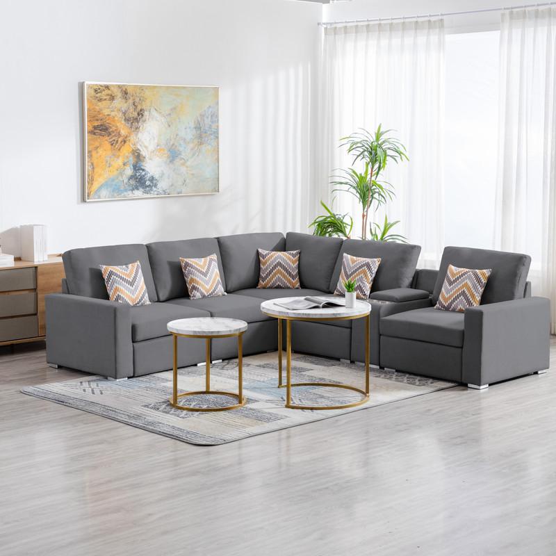 Nolan Gray Linen Fabric 6 Pc Reversible Sectional Sofa with a USB, Charging Ports, Cupholders, Storage Console Table and Pillows and Interchangeable Legs. Picture 2
