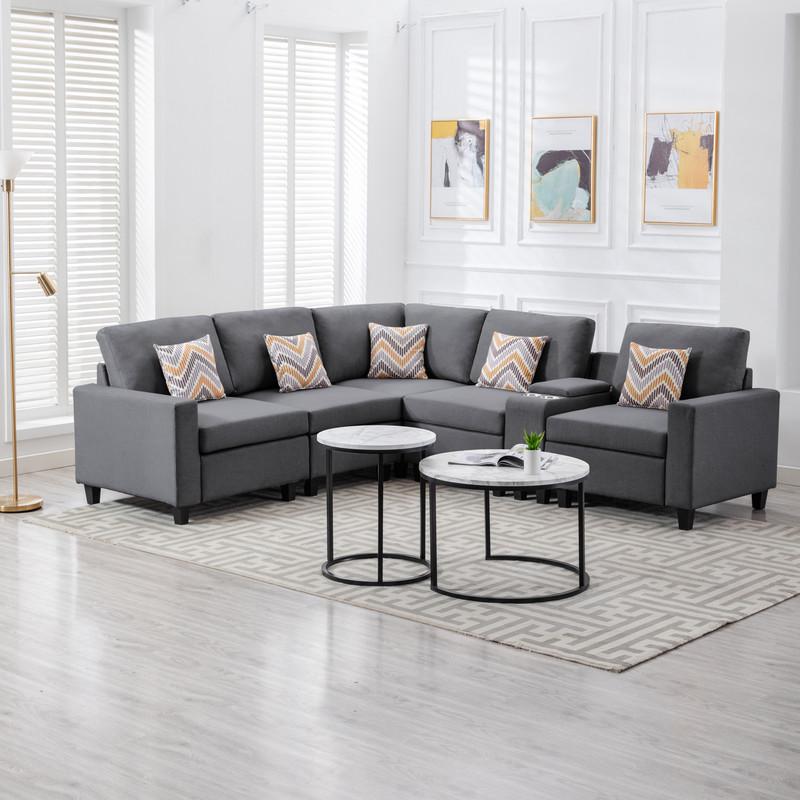 Nolan Gray Linen Fabric 6 Pc Reversible Sectional Sofa with a USB, Charging Ports, Cupholders, Storage Console Table and Pillows and Interchangeable Legs. Picture 4