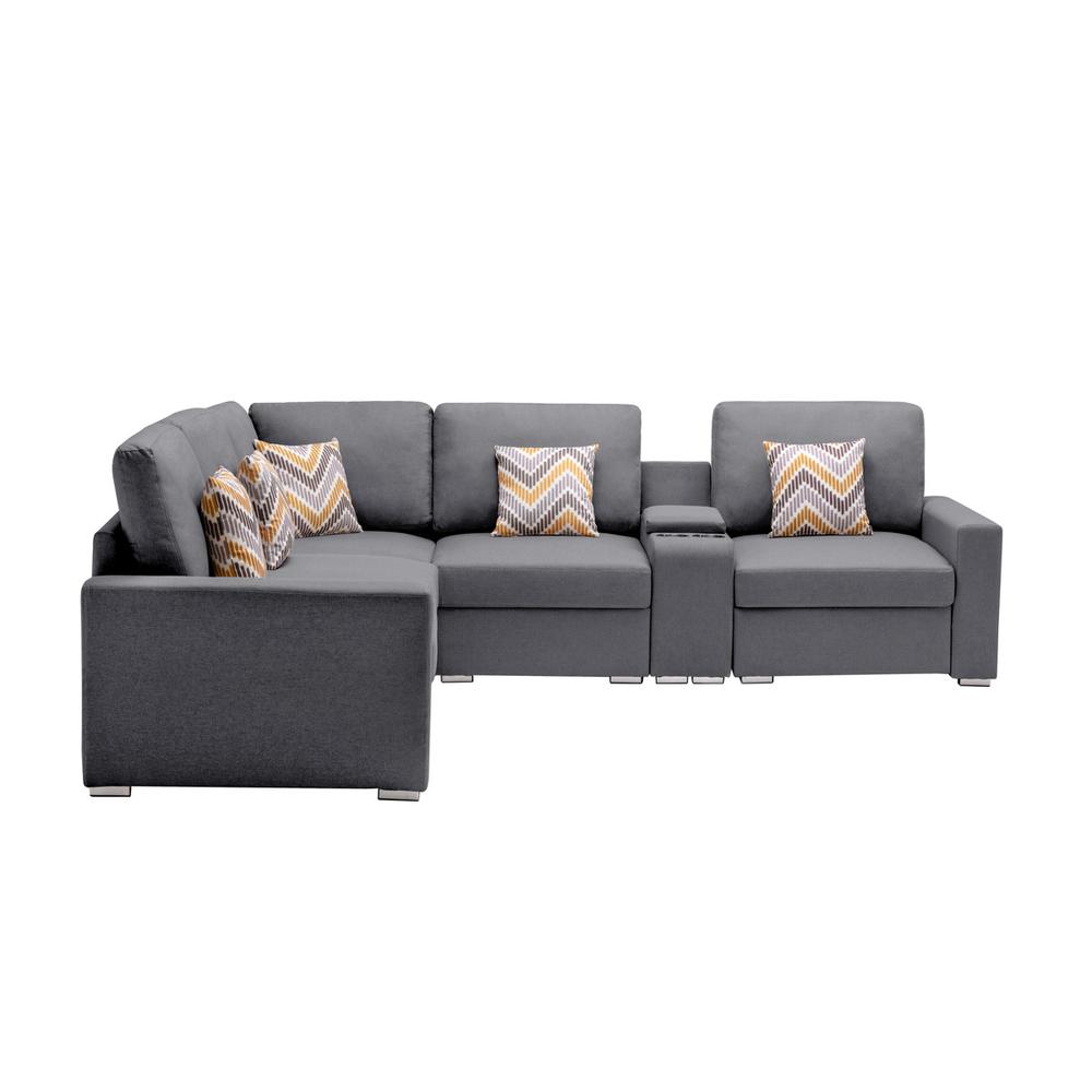 Nolan Gray Linen Fabric 6 Pc Reversible Sectional Sofa with a USB, Charging Ports, Cupholders, Storage Console Table and Pillows and Interchangeable Legs. Picture 3