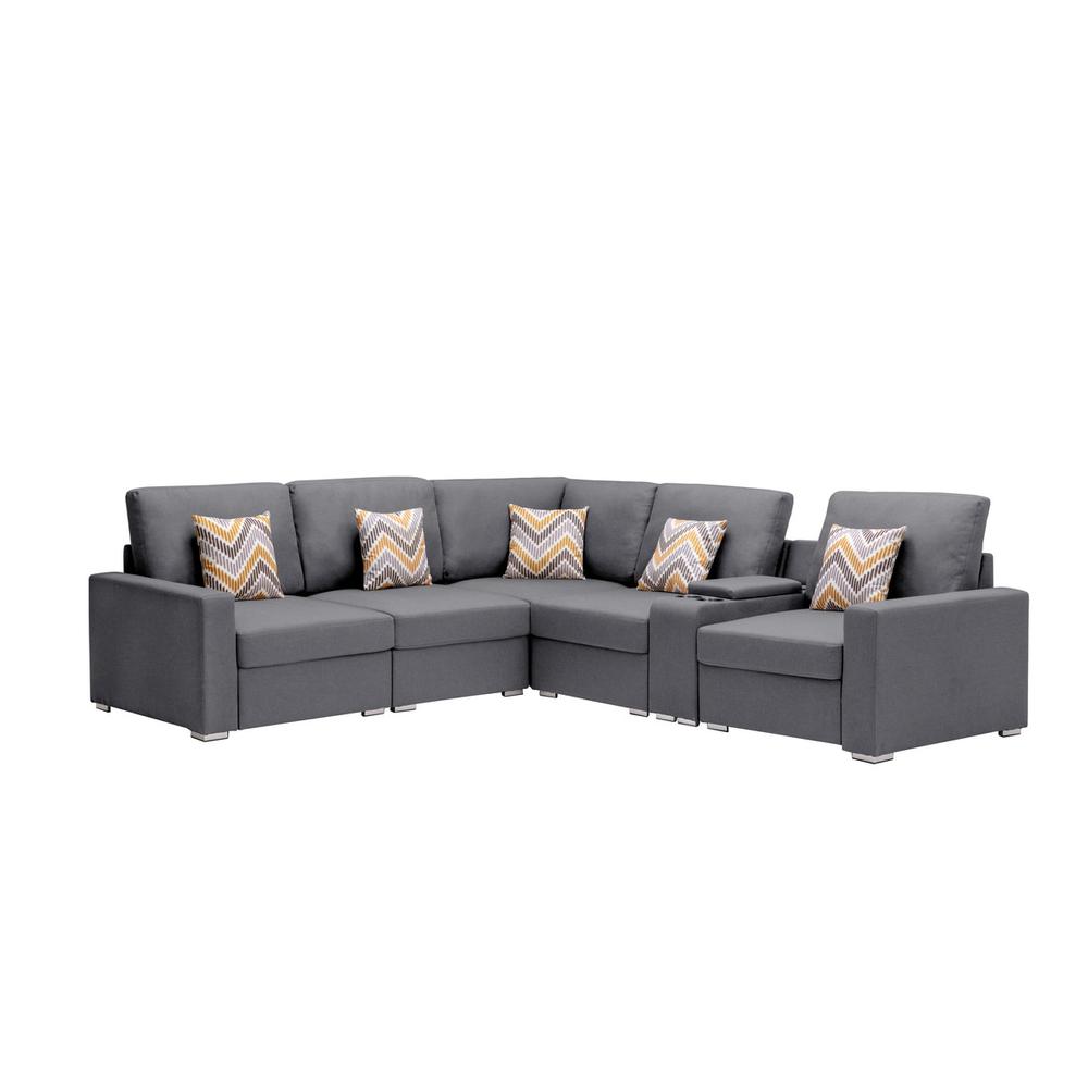 Nolan Gray Linen Fabric 6 Pc Reversible Sectional Sofa with a USB, Charging Ports, Cupholders, Storage Console Table and Pillows and Interchangeable Legs. Picture 1