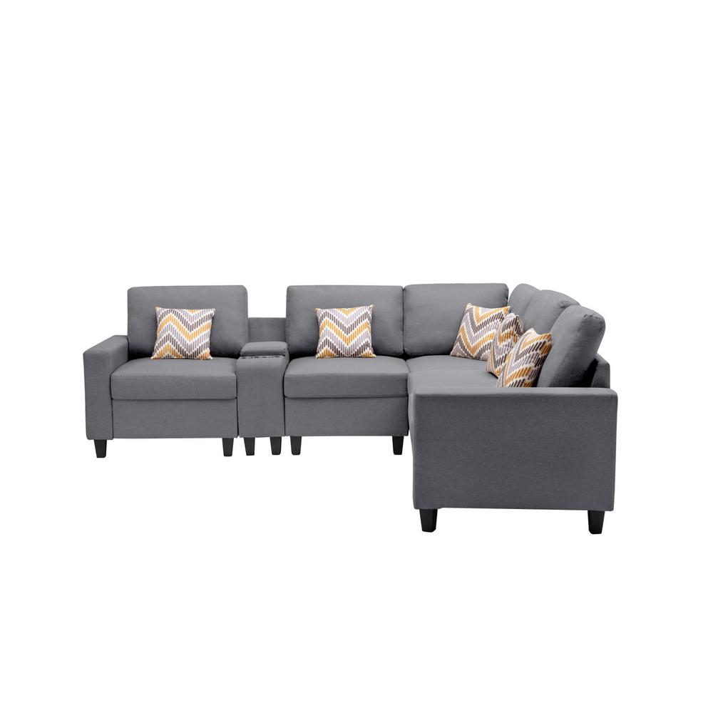Nolan Gray Linen Fabric 6Pc Reversible Sectional Sofa with a USB, Charging Ports, Cupholders, Storage Console Table and Pillows and Interchangeable Legs. Picture 6