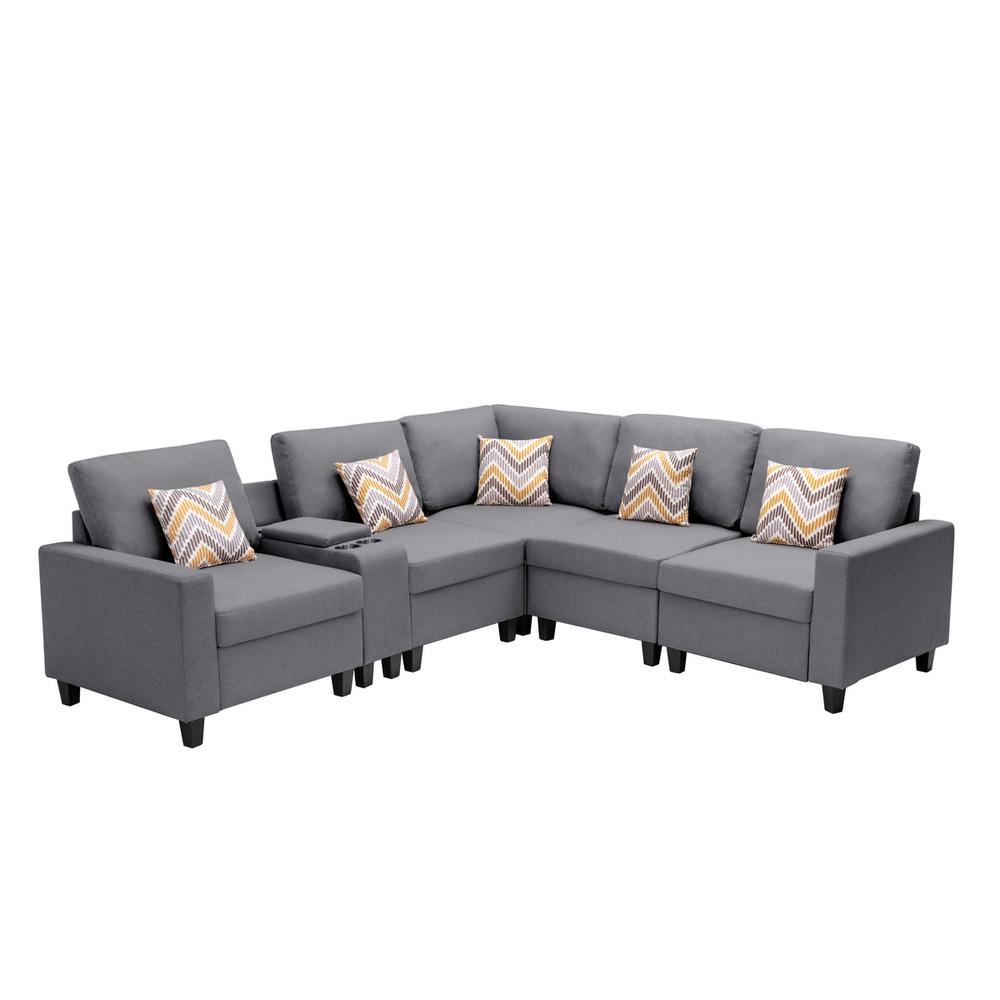 Nolan Gray Linen Fabric 6Pc Reversible Sectional Sofa with a USB, Charging Ports, Cupholders, Storage Console Table and Pillows and Interchangeable Legs. Picture 5