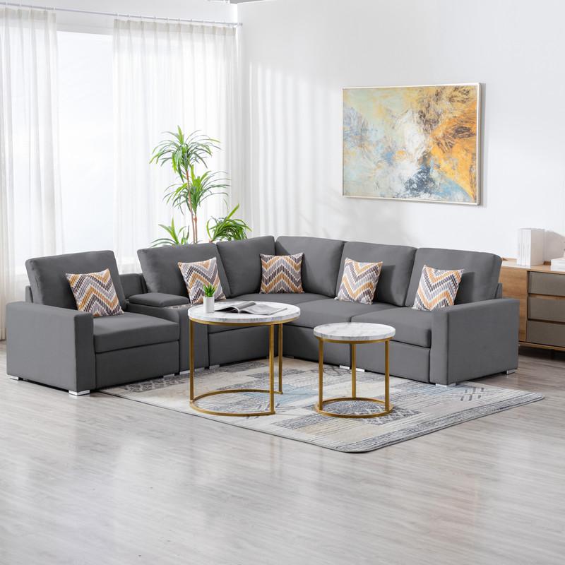 Nolan Gray Linen Fabric 6Pc Reversible Sectional Sofa with a USB, Charging Ports, Cupholders, Storage Console Table and Pillows and Interchangeable Legs. Picture 2