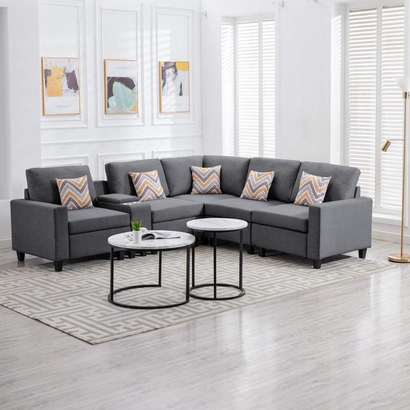 Nolan Gray Linen Fabric 6Pc Reversible Sectional Sofa with a USB, Charging Ports, Cupholders, Storage Console Table and Pillows and Interchangeable Legs. Picture 3