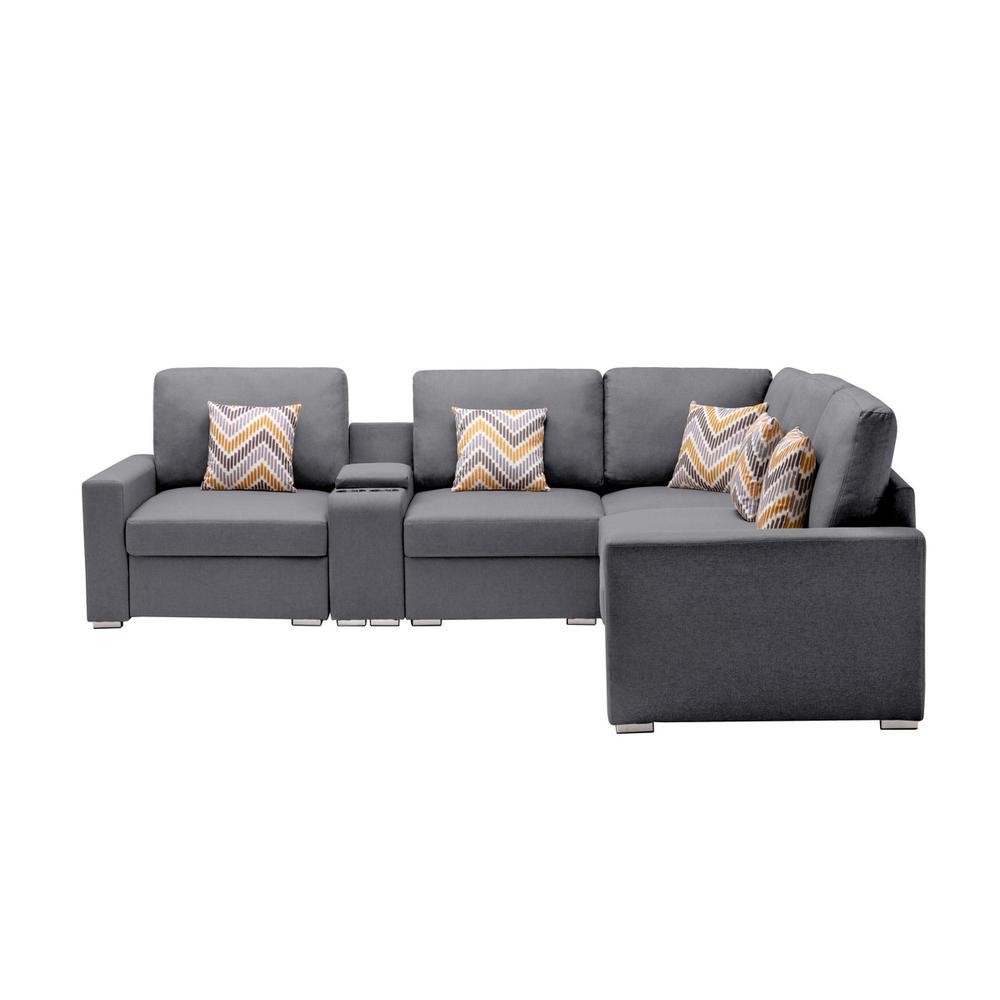 Nolan Gray Linen Fabric 6Pc Reversible Sectional Sofa with a USB, Charging Ports, Cupholders, Storage Console Table and Pillows and Interchangeable Legs. Picture 3