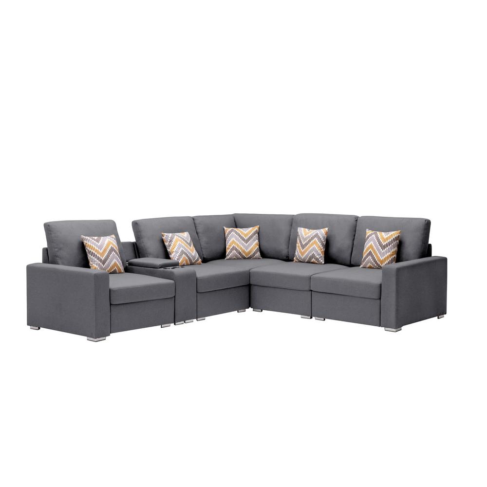 Nolan Gray Linen Fabric 6Pc Reversible Sectional Sofa with a USB, Charging Ports, Cupholders, Storage Console Table and Pillows and Interchangeable Legs. Picture 1