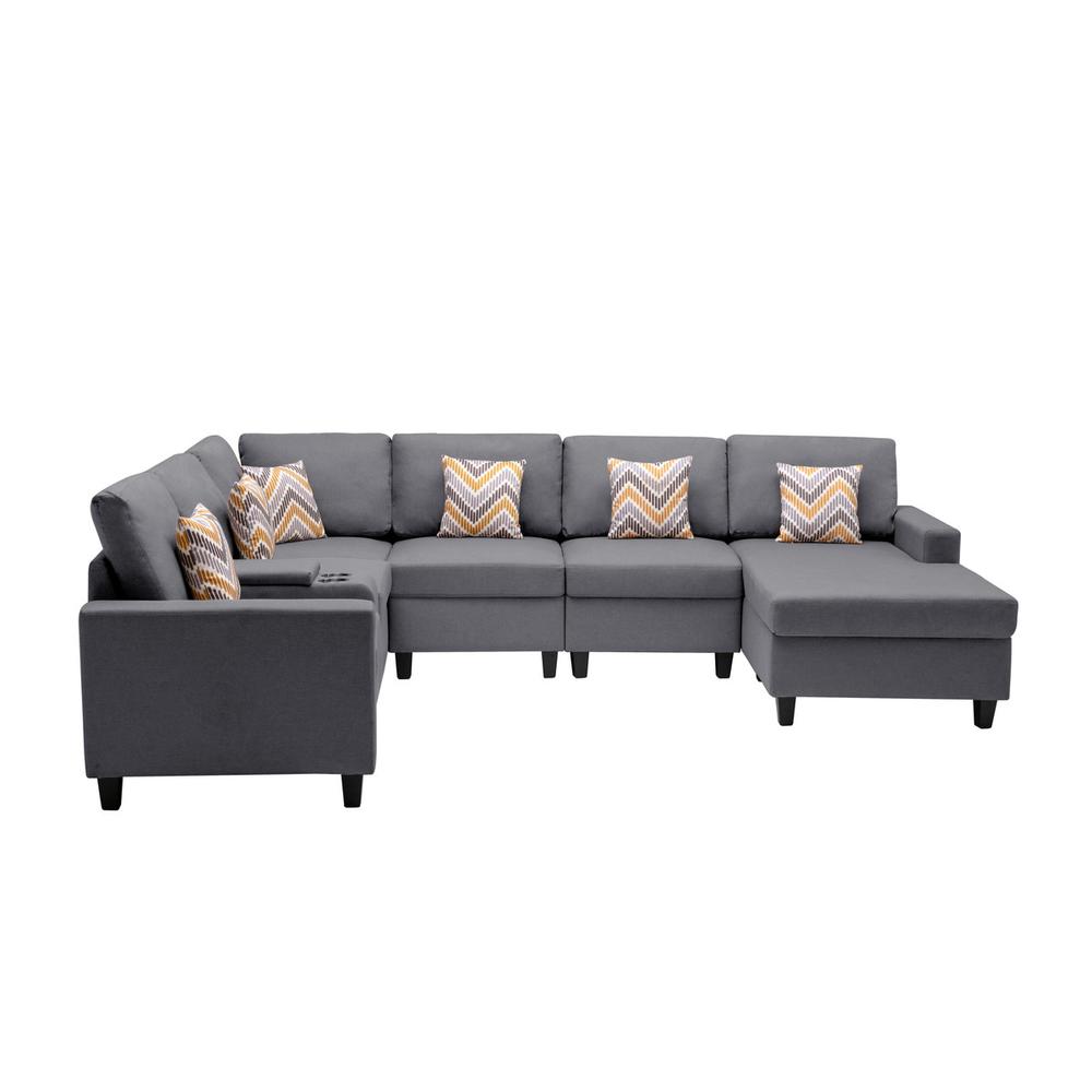 Nolan Gray Linen Fabric 7 Pc Reversible Chaise Sectional Sofa with a USB, Charging Ports, Cupholders, Storage Console Table and Pillows and Interchangeable Legs. Picture 6